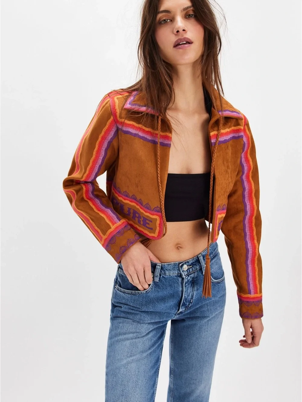 MOTHER Brown Suede Cropped Jacket with Pink & Purple Trim - Picture 1 of 9